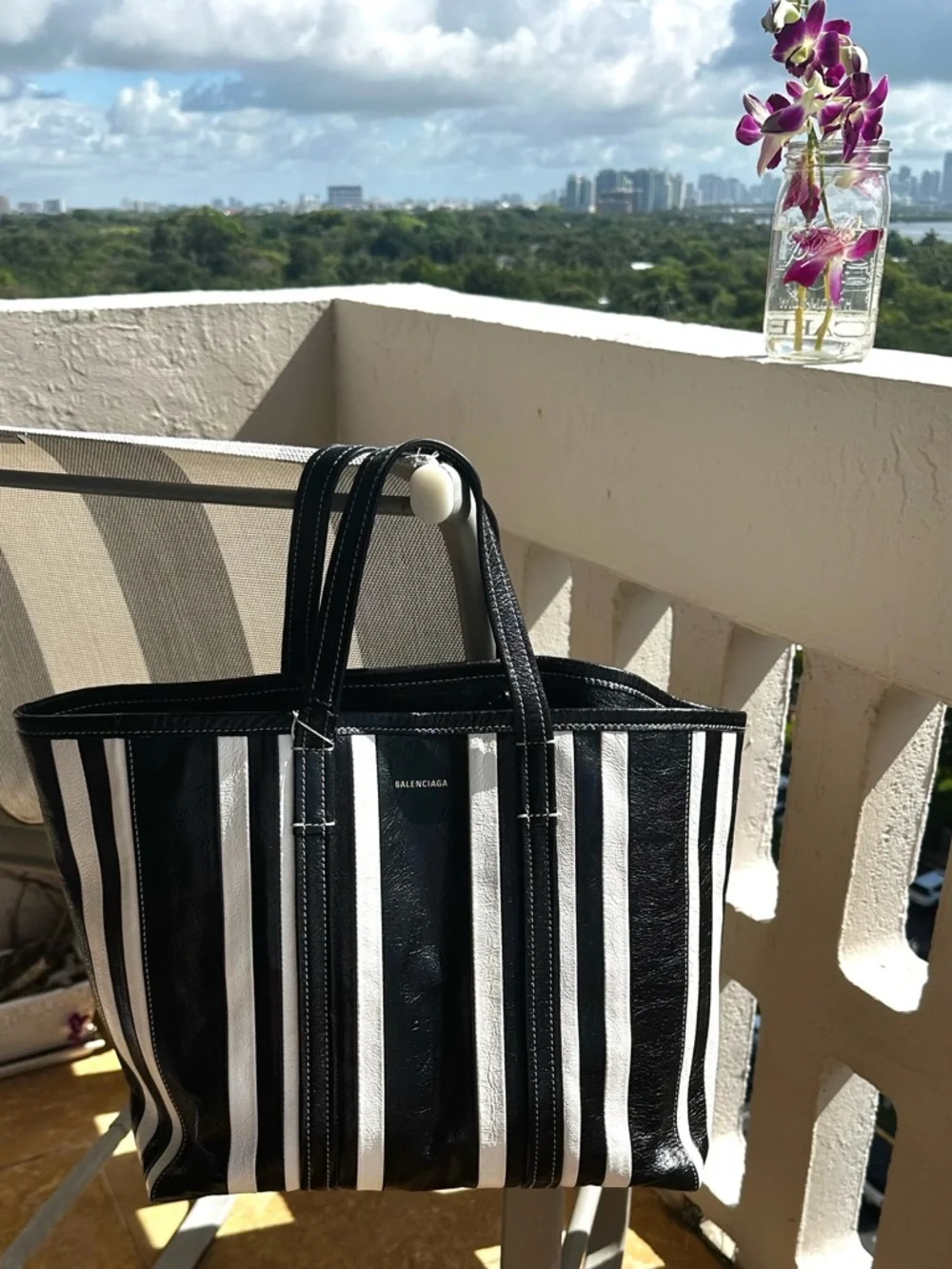 Balenciaga Barbes East-West Shopper Tote Black White Striped Leather Bag - Picture 15 of 16